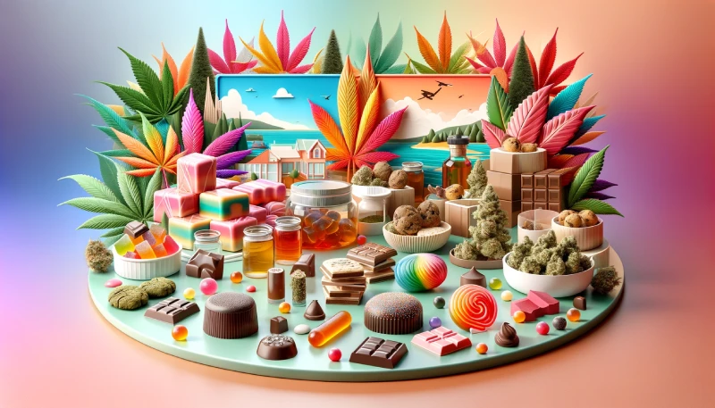 This image is designed to visually capture the essence of indulgence and exploration in the world of cannabis edibles, with a nod to Canadian identity.