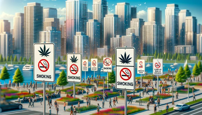 This image shows a modern Canadian cityscape with designated smoking and non-smoking areas, highlighting urban public space rules for cannabis use.